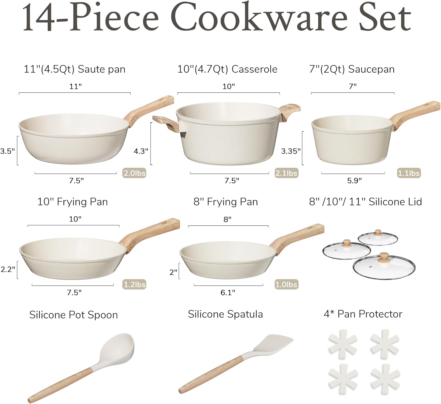 KILAY 14 Pcs Nonstick Cookware Set. White Granite Pots and Pans. Non-Stick Cooking Set with Frying Pans. Saucepans and Kitchen Utensils
