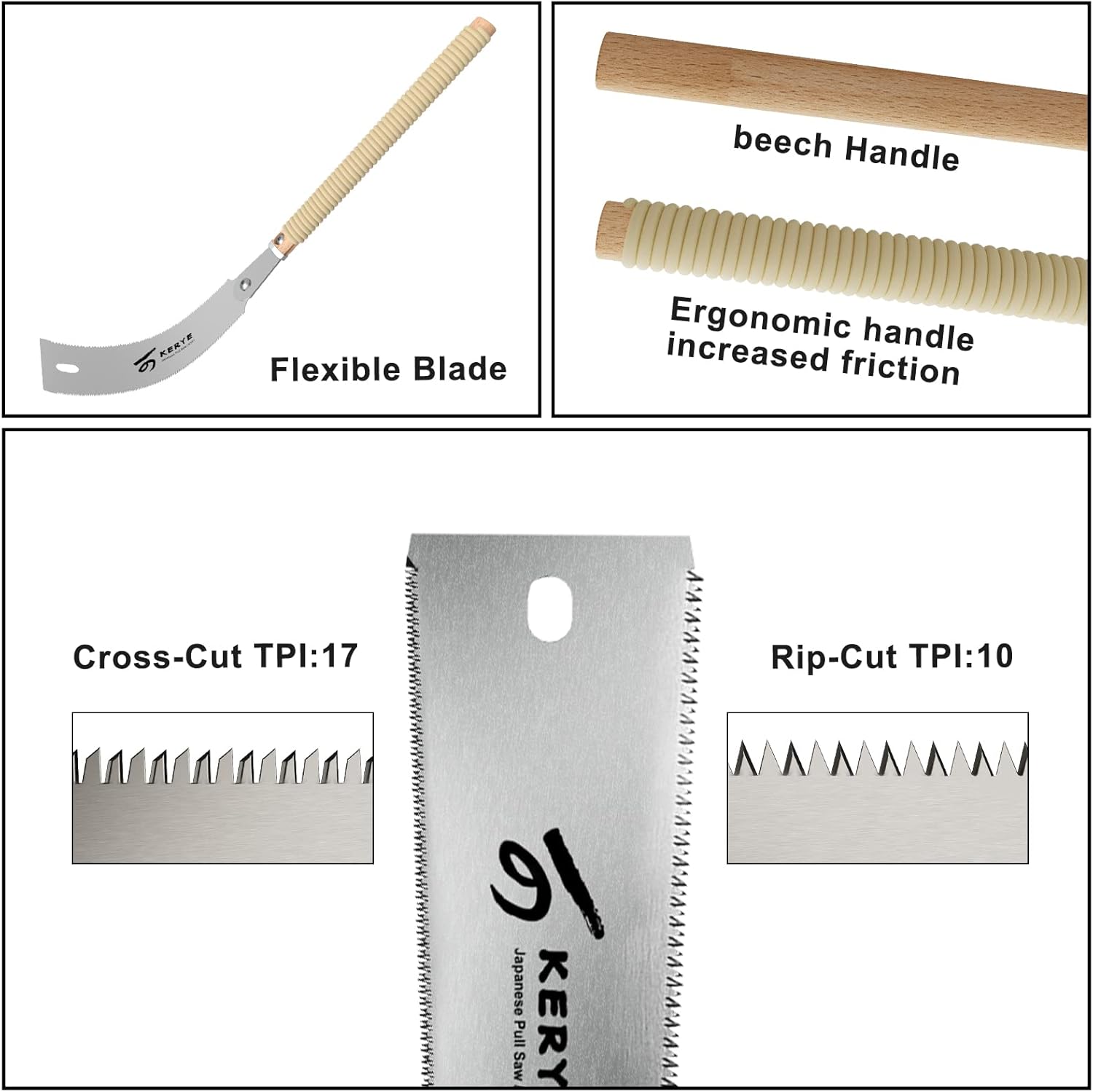 KERYE Japanese Pull Saw 9.5 Inch. Hand Saw with Double Edges of 10/17 TPI and Replaceable Blade. Ryoba Wood Cuttter. Sharp and Light Woodworking Tools Gifts for Men and Women-KY01