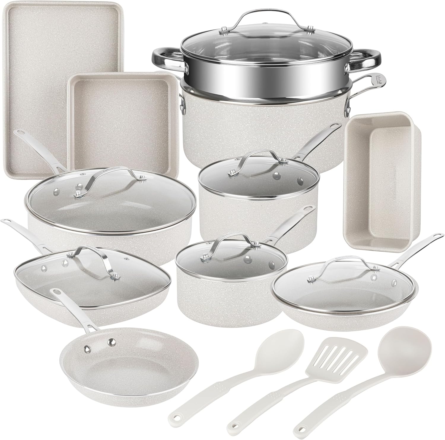 Granitestone 20 Pc Ceramic Cookware Set Nonstick. Complete Pots and Pans Set Non Stick for Kitchen with Bakeware. Cooking Utensils & Steamer. Non Toxic Made Without PFOA PFOS. Oven & Dishwasher Safe