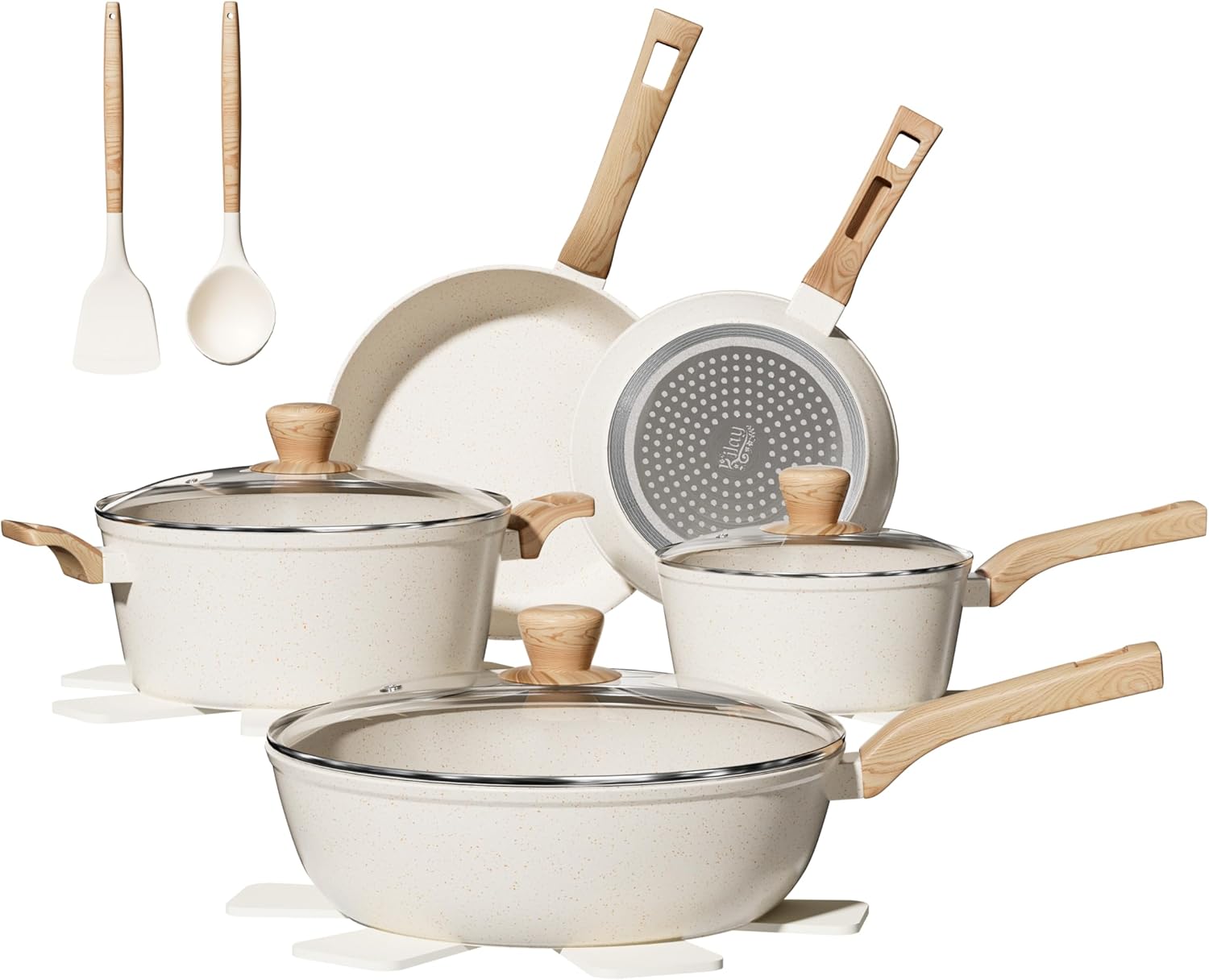 KILAY 14 Pcs Nonstick Cookware Set. White Granite Pots and Pans. Non-Stick Cooking Set with Frying Pans. Saucepans and Kitchen Utensils