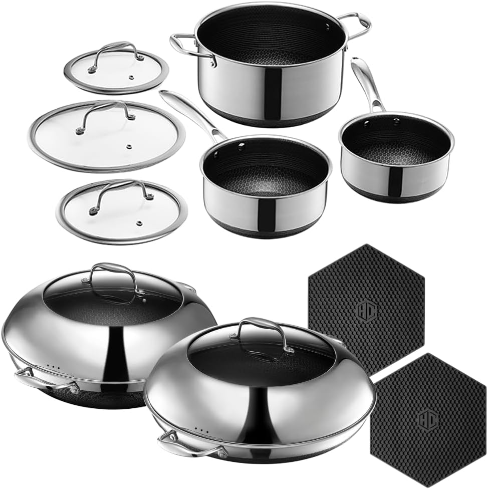 HexClad Hybrid Nonstick 12-Piece Cookware Set. 14 Pan with Lid. 14 Wok with Lid. 2. 3. and 8Qt Pots with Lids. and 2 Silicone Trivets. Stay-Cool Handles. Dishwasher and Oven-Safe. Induction Ready