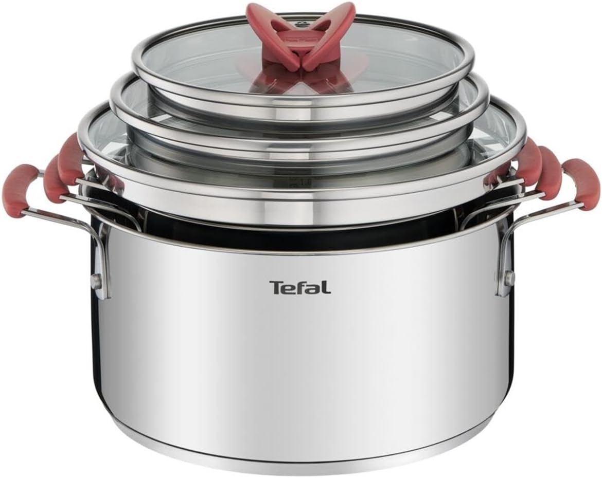 Tefal OPTI'SPACE G720S674 Set of 6 Stewpots 18/20/24 cm + Lid. Stackable Cookware. Space Saving. Stainless Steel. Suitable for All Heat Sources Including Induction