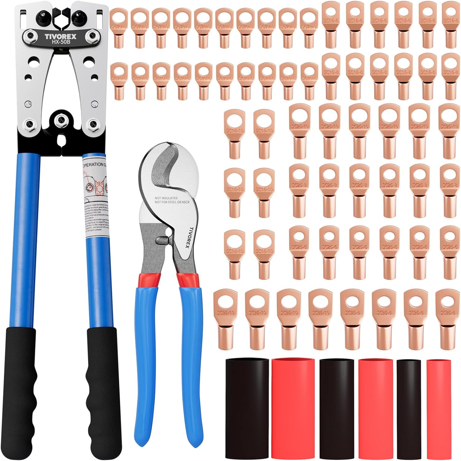 Battery Cable Lug Crimping Tool for AWG 10-1/0 Electrical Lug. with Cable Cutter 64pcs Ring Terminals and 70pcs Heat Shrink Tubing
