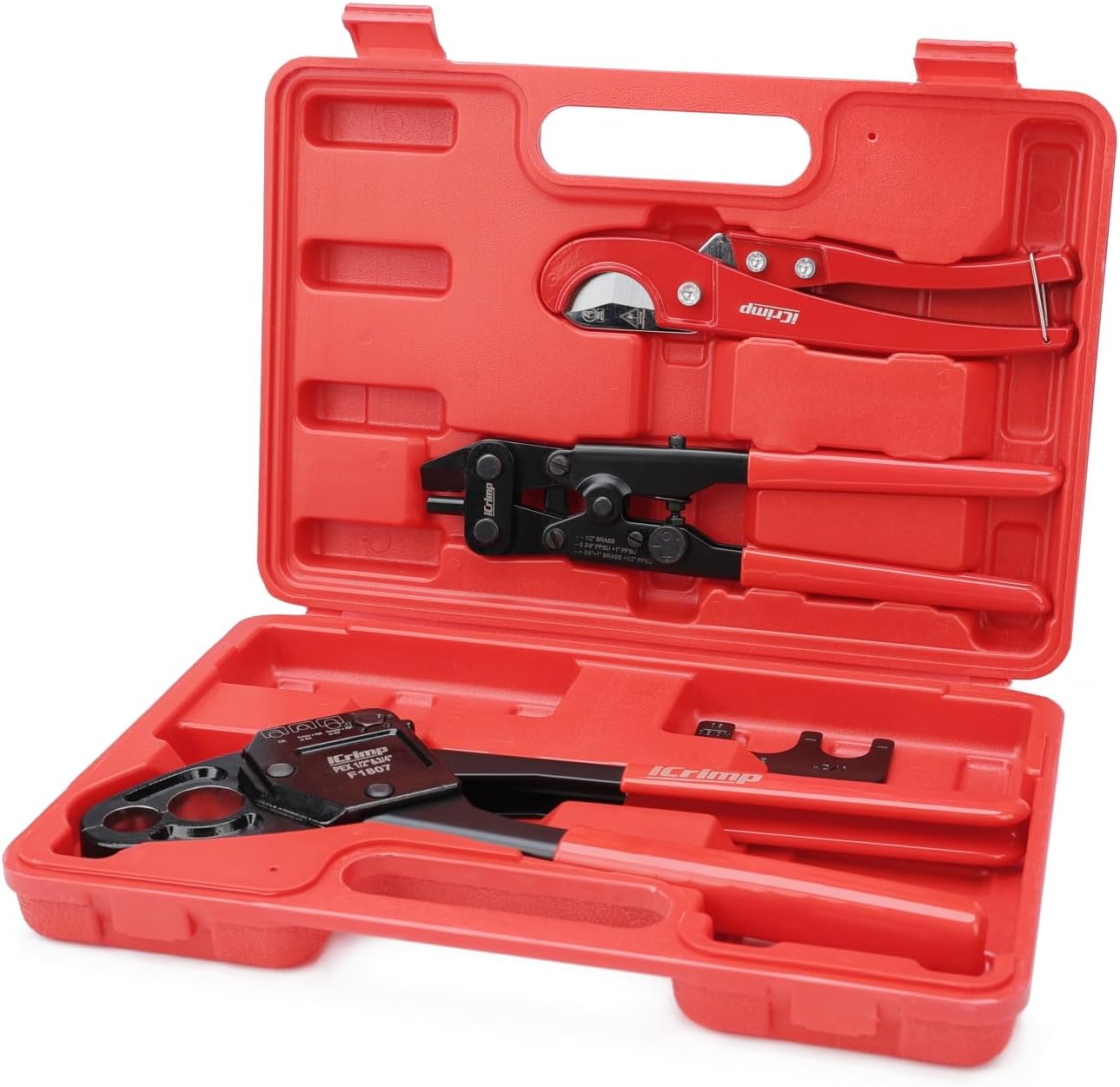 iCrimp IWS-1807CN PEX Crimping Tool Kit with PEX Crimpers. PEX Tubing Cutter. Copper Ring Removal Tool for 1/2'' & 3/4'' Copper Crimp Rings. Meets ASTM F1807 Standard