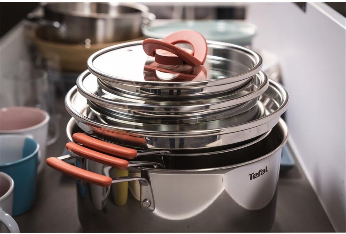 Tefal OPTI'SPACE G720S674 Set of 6 Stewpots 18/20/24 cm + Lid. Stackable Cookware. Space Saving. Stainless Steel. Suitable for All Heat Sources Including Induction