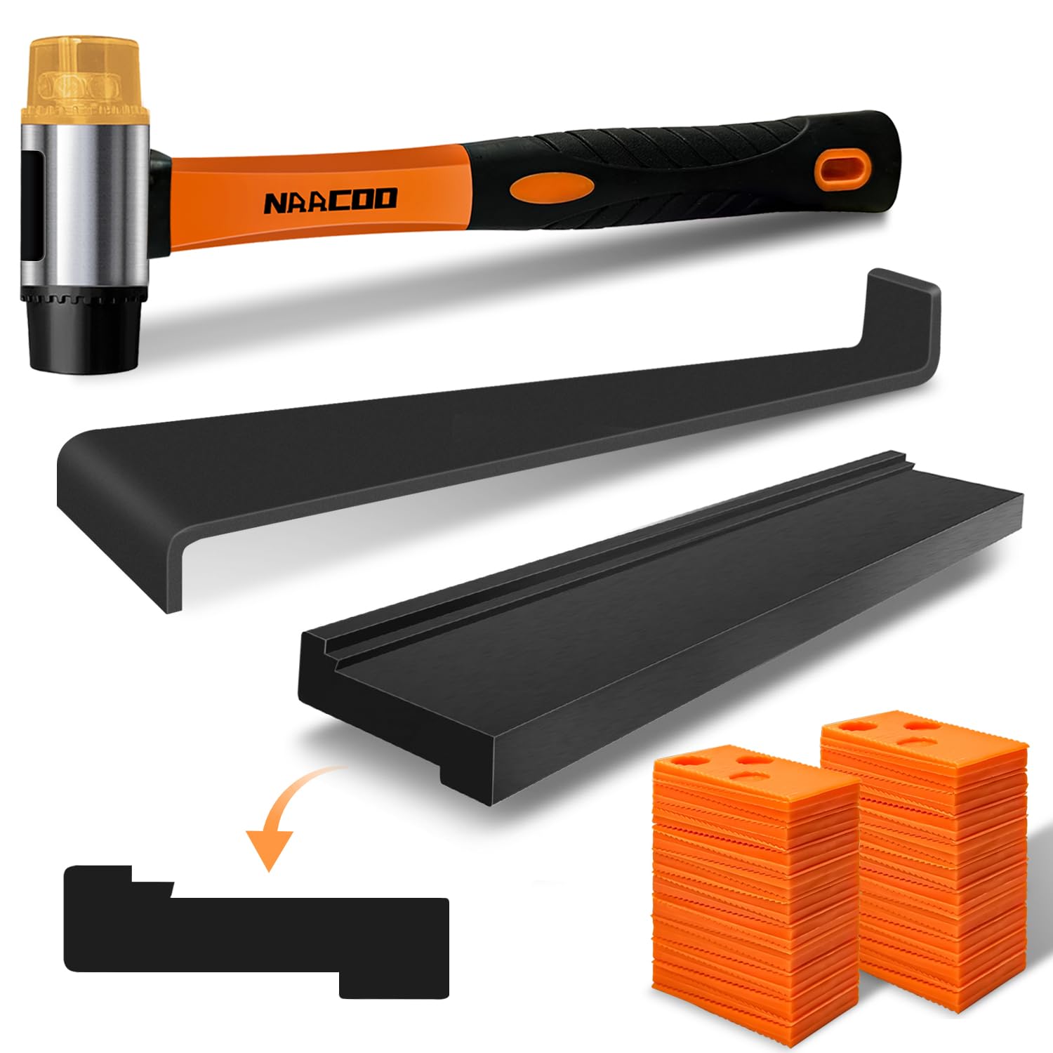 Laminate/Vinyl Flooring Tools. NAACOO Tapping Block for Vinyl Plank Flooring - Double Sided with Notches. Pull Bar. 40Pcs Floor Spacers. Rubber Mallet. Universal Floor Installation kit.