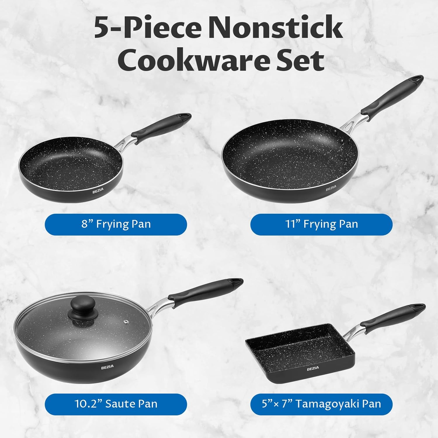 Induction Pots and Pans 5 Piece. Stay-Cool Handle Nonstick Pots and Pans Set. Dishwasher Safe Kitchen Cooking Pan. Non Stick Pans for induction Cooktop. Suitable for All Stovetops. Black