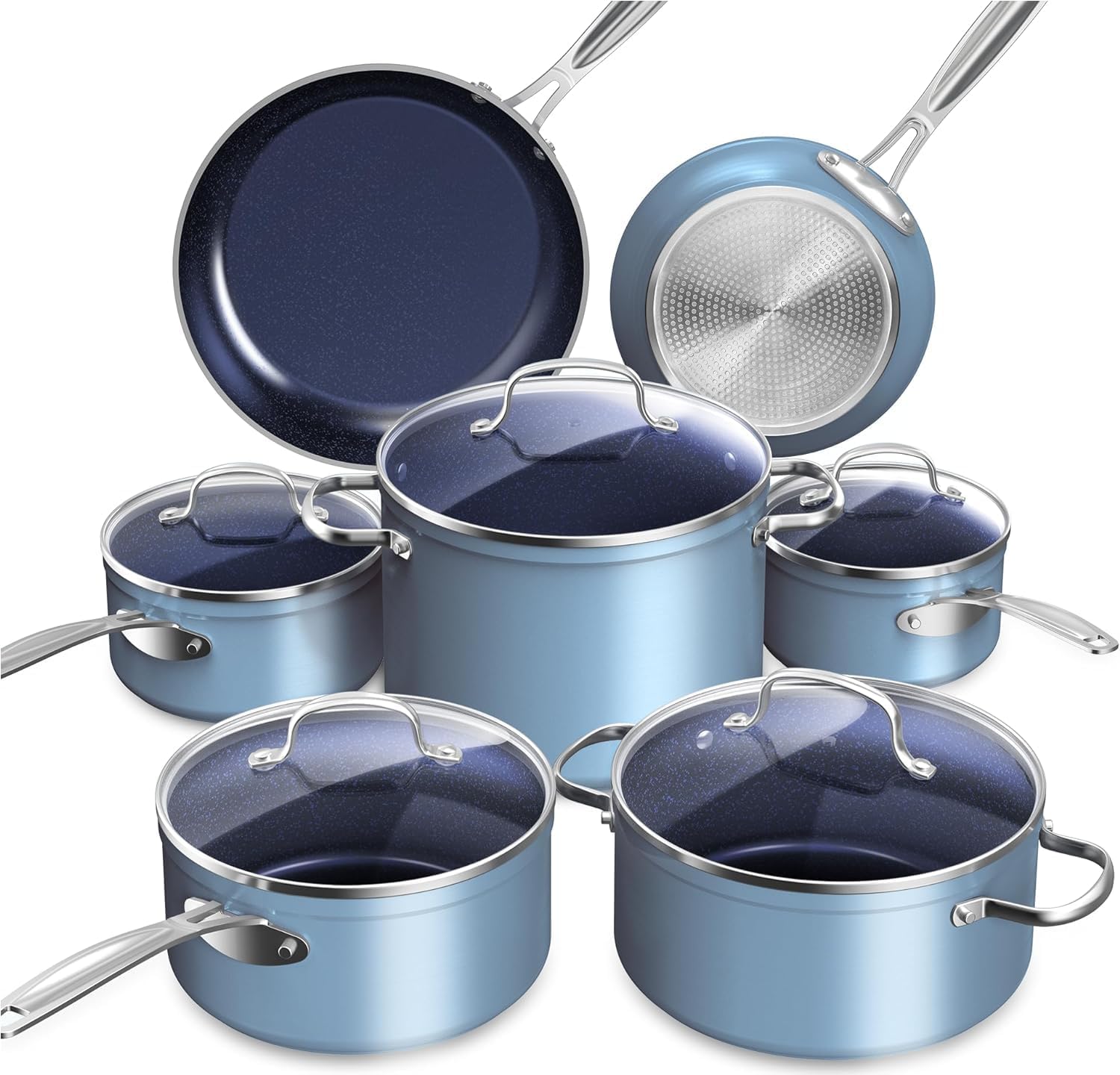 Nuwave Healthy Duralon Blue Ceramic Nonstick Cookware Set. Diamond Infused Scratch-Resistant. PFAS Free. Dishwasher & Oven Safe. Induction Ready & Evenly Heats. Tempered Glass Lids & Stay-Cool Handles