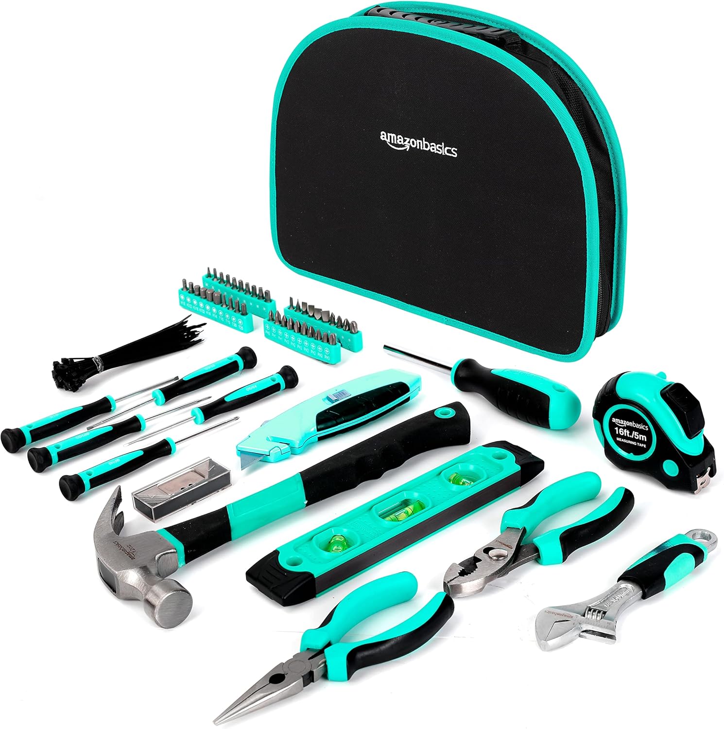 Amazon Basics Tool Set With Easy Carrying Round Pouch. 104-Piece. Turquoise. 14.4 x 11.4 x 3 inches