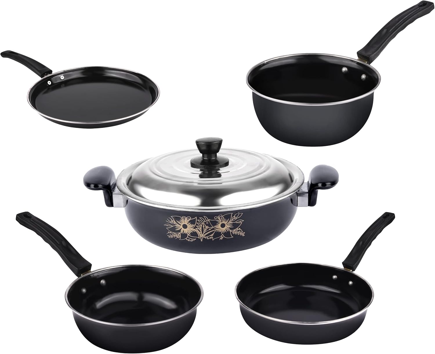 5 Piece Kitchen Accessories Set | Non Stick Induction Friendly Cookware | Kadai with Lid . Fry Pan . Tawa . Sauce & Tadka Pan | Ceramic Hard Anodized | Cast Iron Utensils
