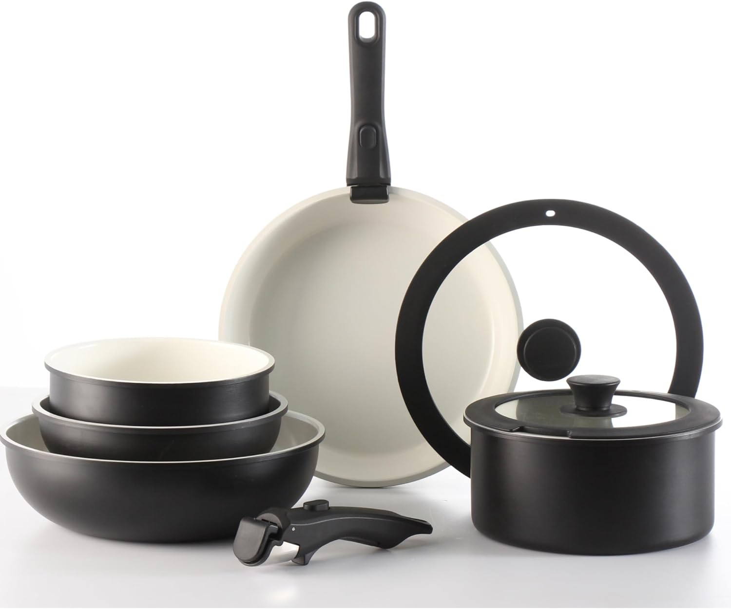 Daniks 9-Piece Nonstick Cookware Set. Ceramic Induction Pots and Pans with Detachable Silicone Handles. Oven & Dishwasher Safe. Black