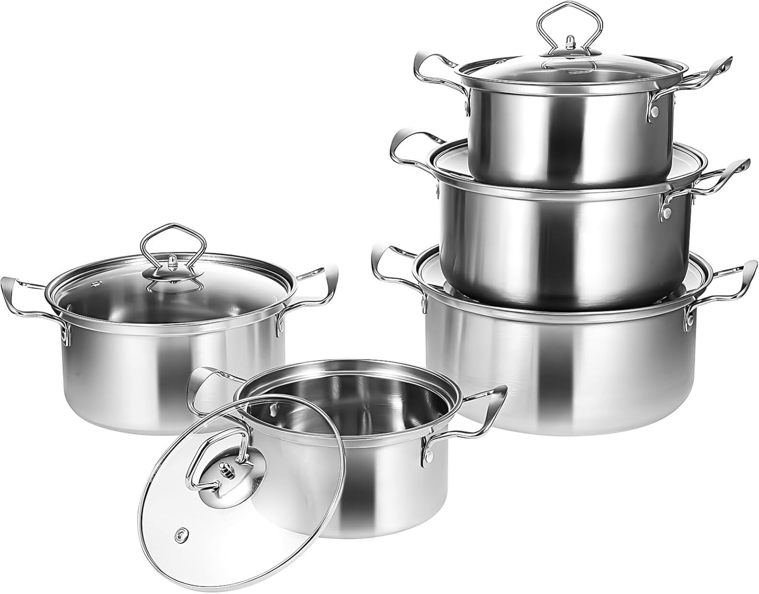 Kichvoe 5 Sets Stainless Steel Stock Pots Set with Glass Lids - Induction Cookware for Kitchen Use - Double Handle Soup Pots