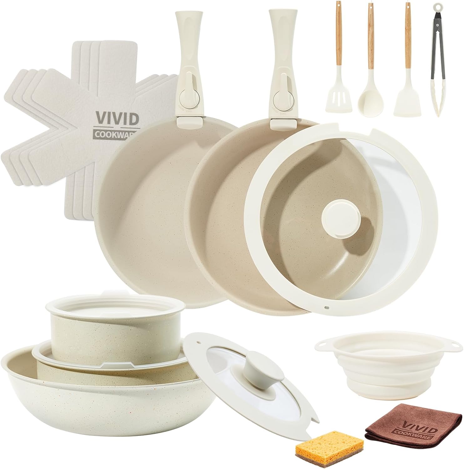 22Pcs Pots and Pans Set. Nonstick Cookware Sets. Cream White Induction Cookware Non Stick Ceramic Cooking Set with Frying Pans & Saucepans (PFOS. PFOA Free)