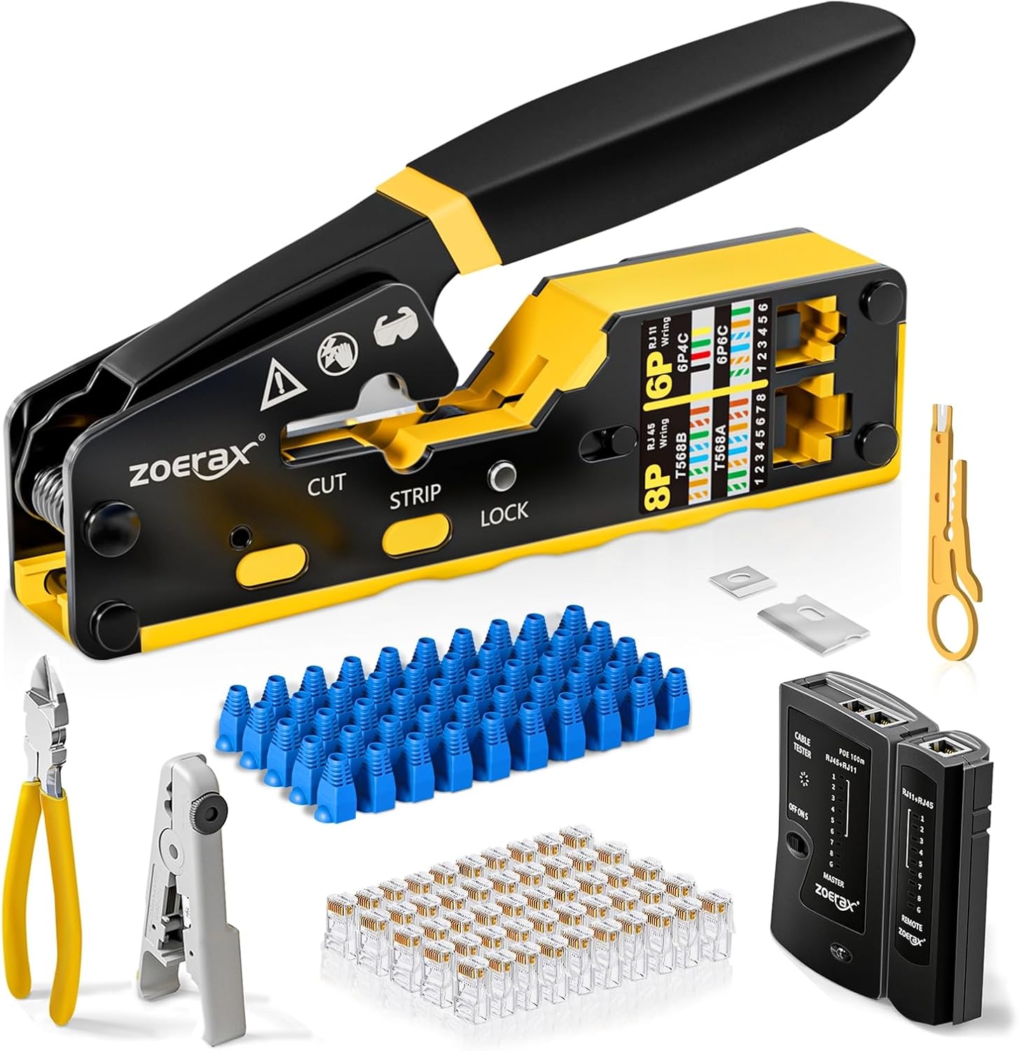 Ethernet Crimping Tool Kit RJ45 Crimp Tools.CAT5 Cat5e Cat6 RJ45 Crimping Tool Kit With Cable Tester. Multiply Stripper. Blades.50Pcs Cat 6 Pass Through Connectors and Strain Relief Boots