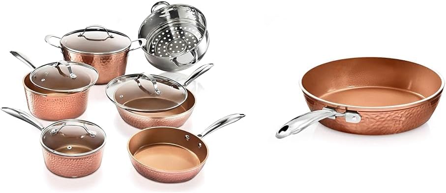 Gotham Steel Hammered Copper 10 Pc Pots and Pans Set Non Stick Cookware Set & Hammered Copper 12 Inch Nonstick Skillet. Aluminum