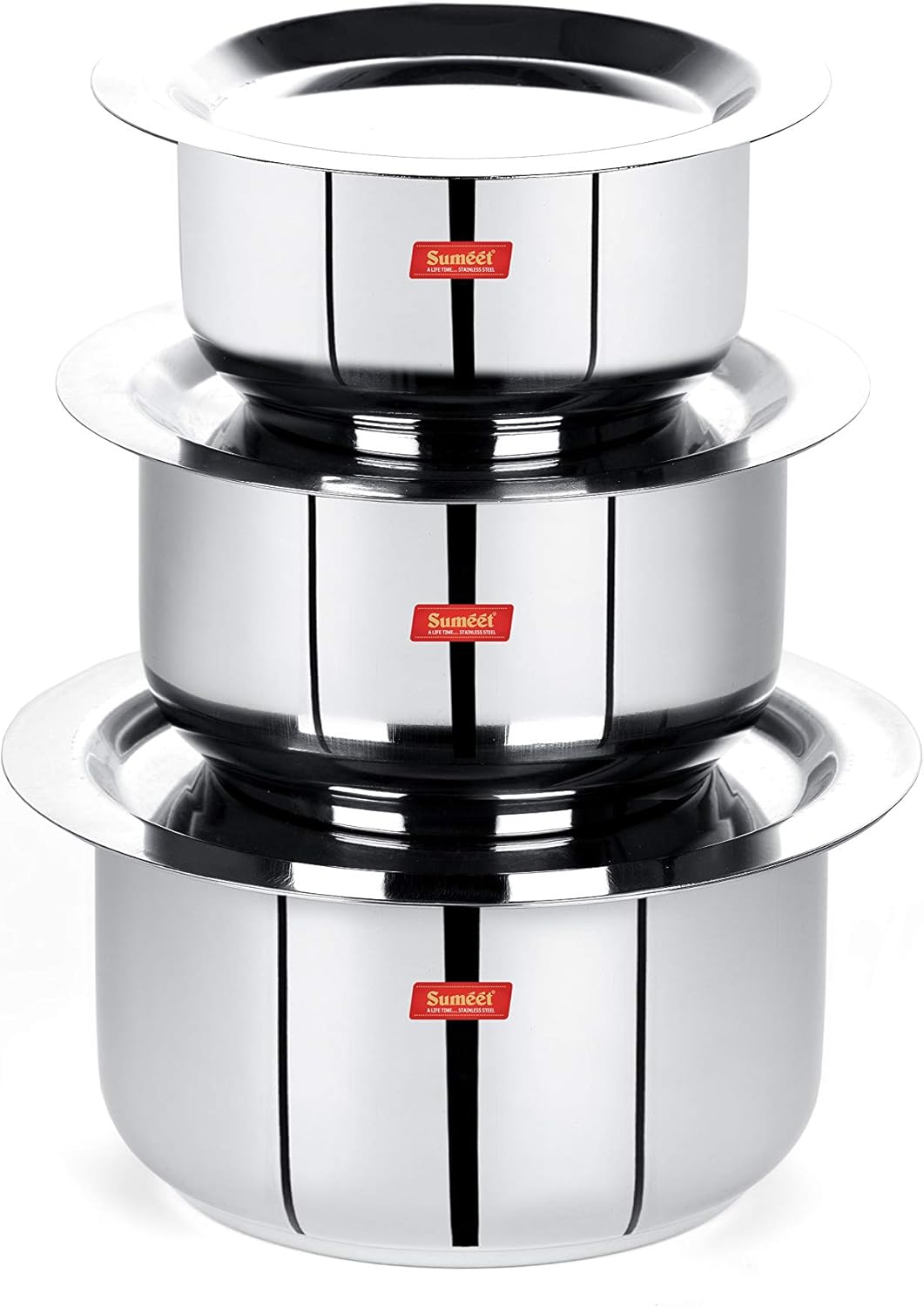 Sumeet Stainless Steel Mini to Big Size Flat Bottom Induction & Gas Stove Friendly Tope/Patila/Cookware Set of 8Pcs with Lids (370ML. 550ML. 800ML. 1100ML.1400ML. 1800ML. 2300ML. 3000ML)
