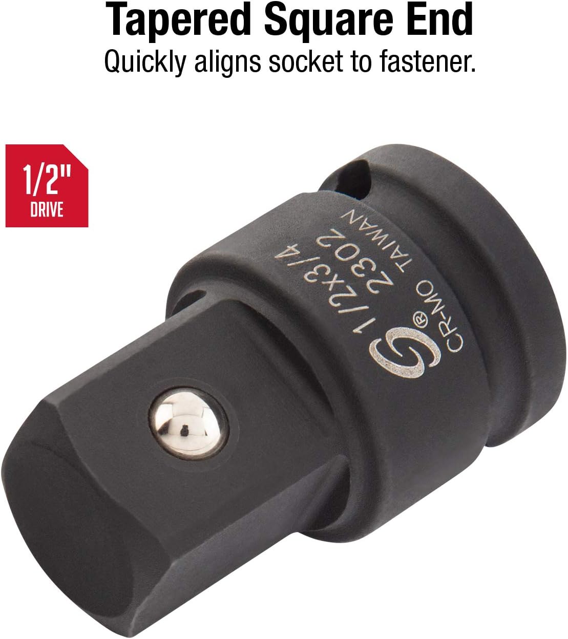 SUNEX TOOLS 2302. 1/2 Inch Drive. 1/2 Female x 3/4 Male Impact Adapter. Cr-Mo Steel. Ball Detent. Tapered Square End. Meets ANSI Standards