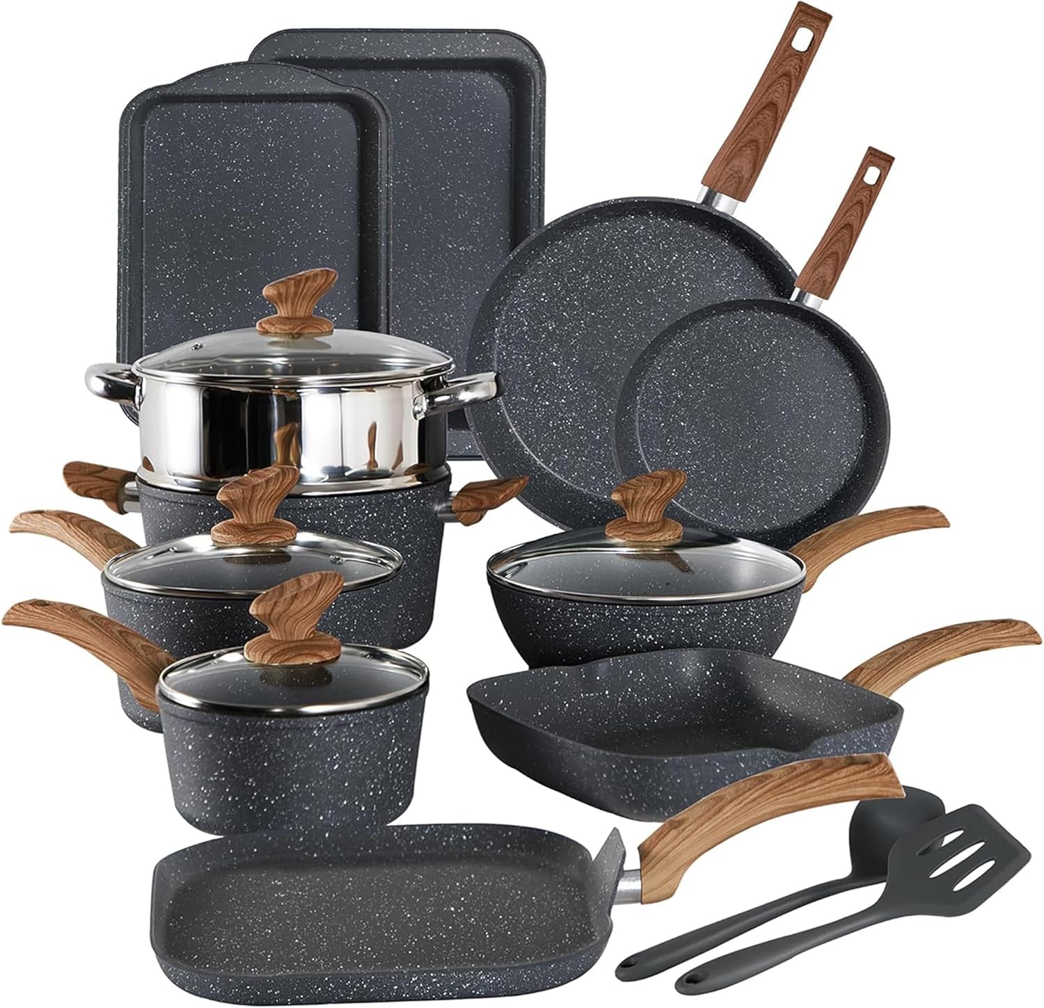 17-Piece Kitchen Granite Cookware Set. Non-stick Cooking Pots and Pans Set Black