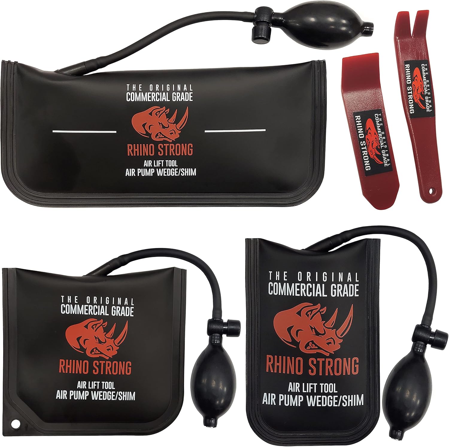 The Original Rhino Strong Commercial Grade Air Wedge Bag Pump Professional Leveling Kit & Alignment Tool Inflatable Shim Bag 3 Piece (Small. Medium. Large). 3 sizes for all of your individual needs.
