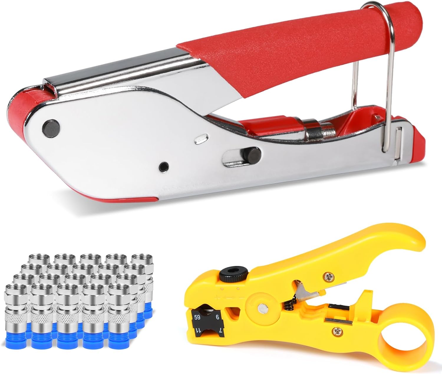 Coax Cable Crimper Kit Coaxial Cable Rg6 Compression Tool Kit with 20PCS F RG6 Connectors. Wire Coax Cable Stripper Tool
