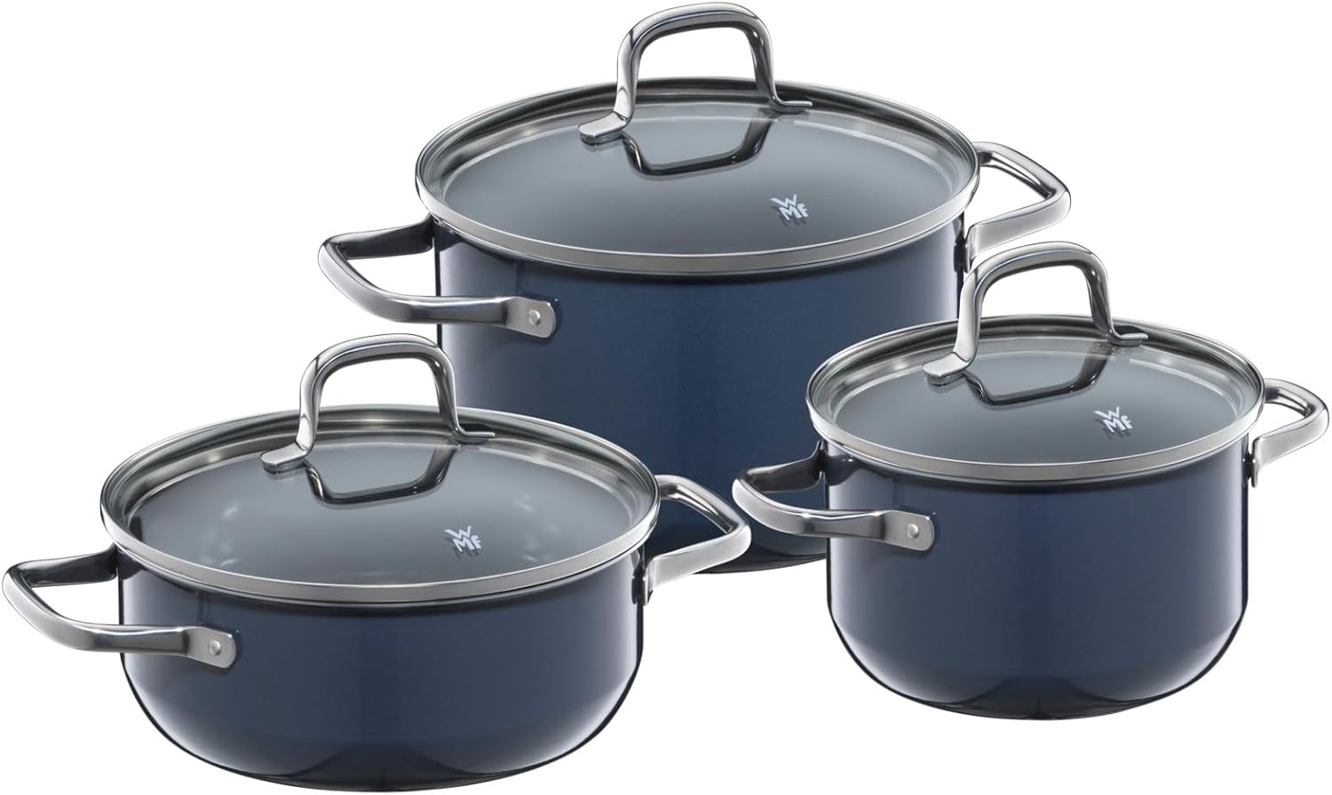 WMF Fusiontec Essential Induction 3-Piece Saucepan Set with Glass Lid. Induction Pots Set. High-Tech Ceramic. Scratch-Resistant. Uncoated. No Inner Scale. Drip-Free. Dark Blue