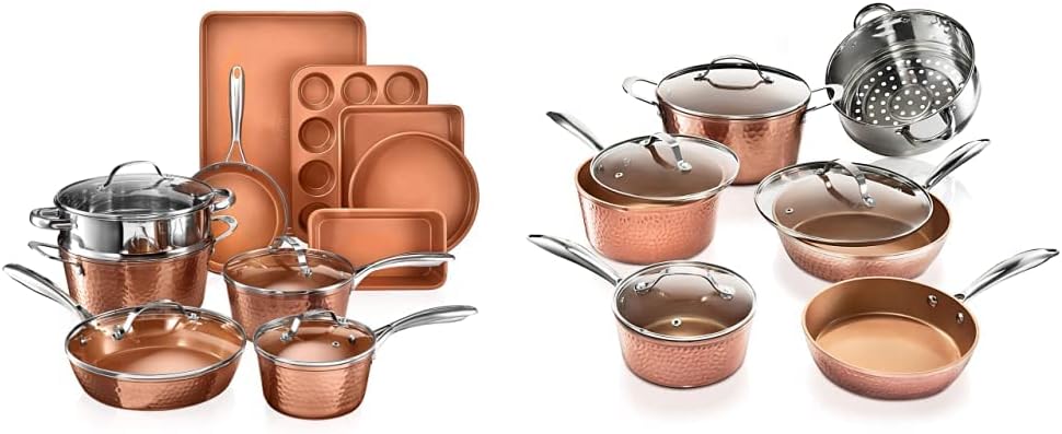 Gotham Steel Hammered Copper Collection – 15 Piece Premium Cookware & Bakeware Set & Hammered Collection Pots and Pans 10 Piece Premium Ceramic Cookware Set