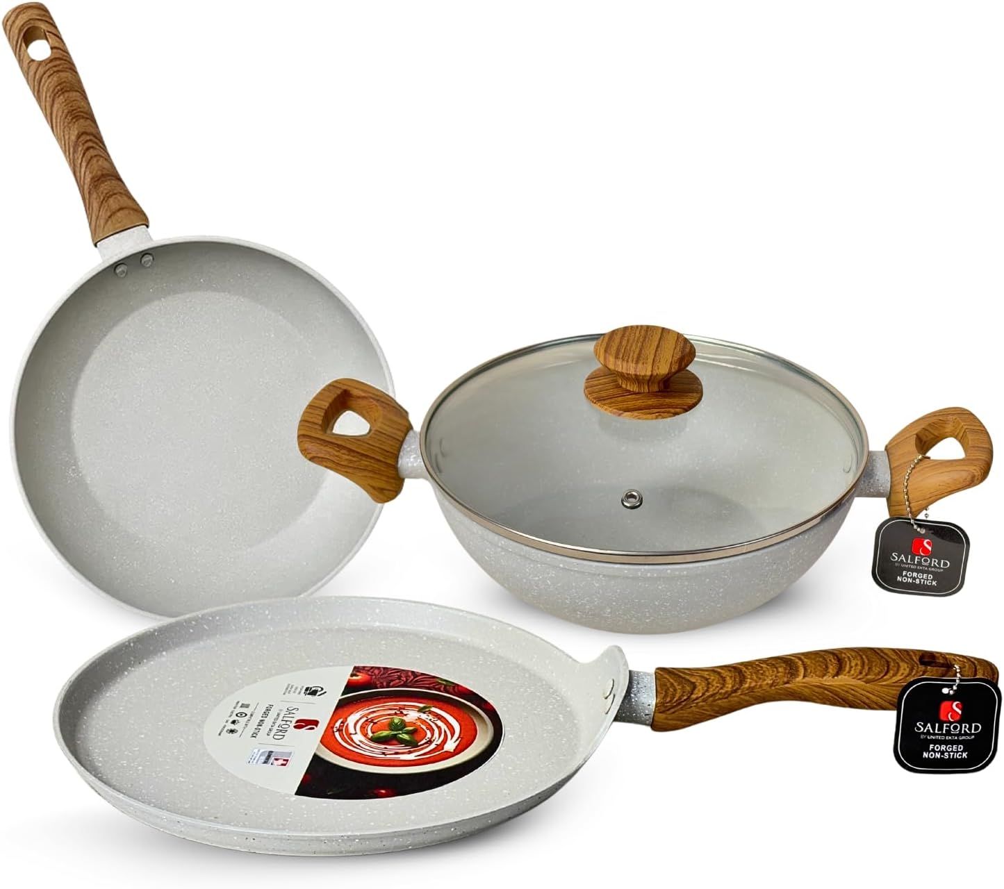 SALFORD Forged Non-Stick Kitchen Cookware Set of 3 - Aluminium Kadai/Deep Frying Pan + Glass Lid (9.5 inch). Skillet/Frypan (5.5 inch) & Tava/Crepe pan(10.3 inch) with Induction & Gas - PFOA Free