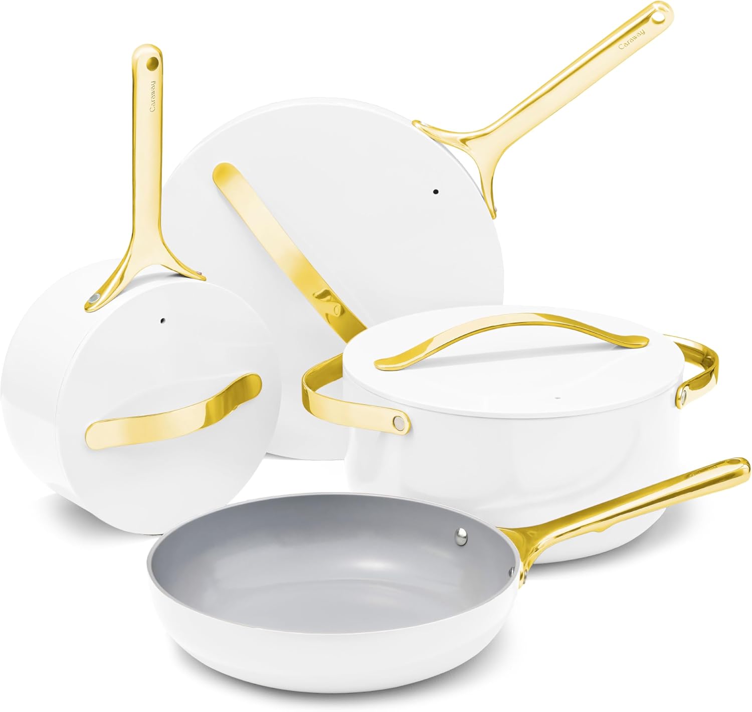 Caraway Nonstick Ceramic Cookware Set (12 Piece) Pots. Pans. Lids and Kitchen Storage - Non Toxic - Oven Safe & Compatible with All Stovetops - White