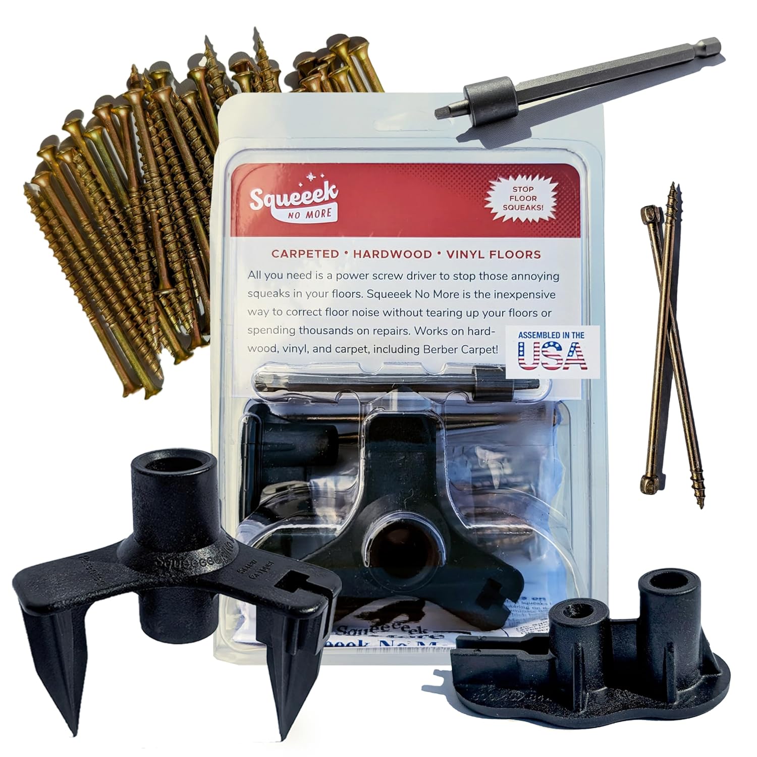 Squeaky Floor Repair Kit for Hardwood. Carpet. Vinyl & Linoleum – Complete Floor Squeak Repair Kit Includes Joist Finder Drill Bits. Tripod Fixture and 50 Counter-snap Screws