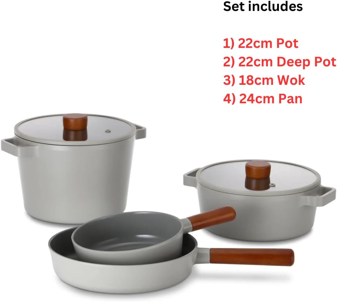 Neoflam FIKA 6pc Nonstick Reserve Kitchen Cookware Pots and Pans Set. Induction. Gray Color. Made in Korea