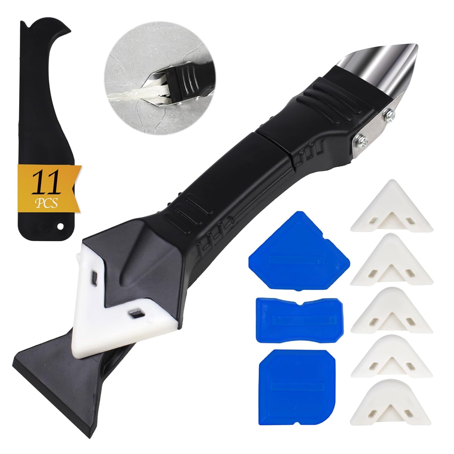 11Pcs Silicone Caulking Tools 3 in1 Grout Removal Tool(Stainless Steelhead)&Grout Remove Scraper.5 Silicone Replaceable Pads.4 Glass Glue Angle Scraper. Caulk Remover for Kitchen/Bathroom/Window/Joint