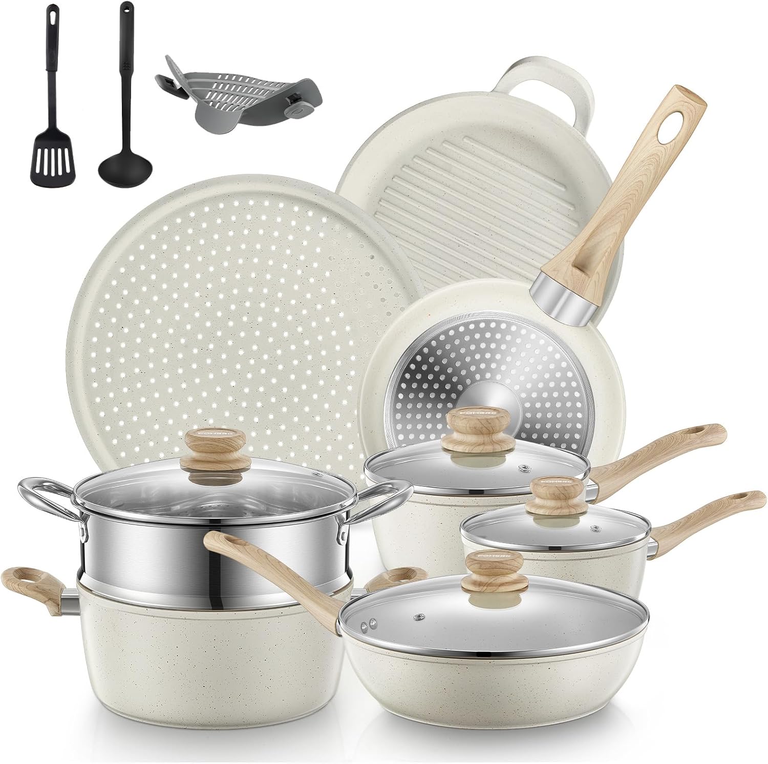 FOHERE Pots and Pans Set with Lids 15 PCS. Aluminum Nonstick Induction Cookware Sets. with Frying Pans. Saucepans. Stock Pot. Pizza Pan. Griddle Pan. and Food Steamer. Silicone Food Strainer. White