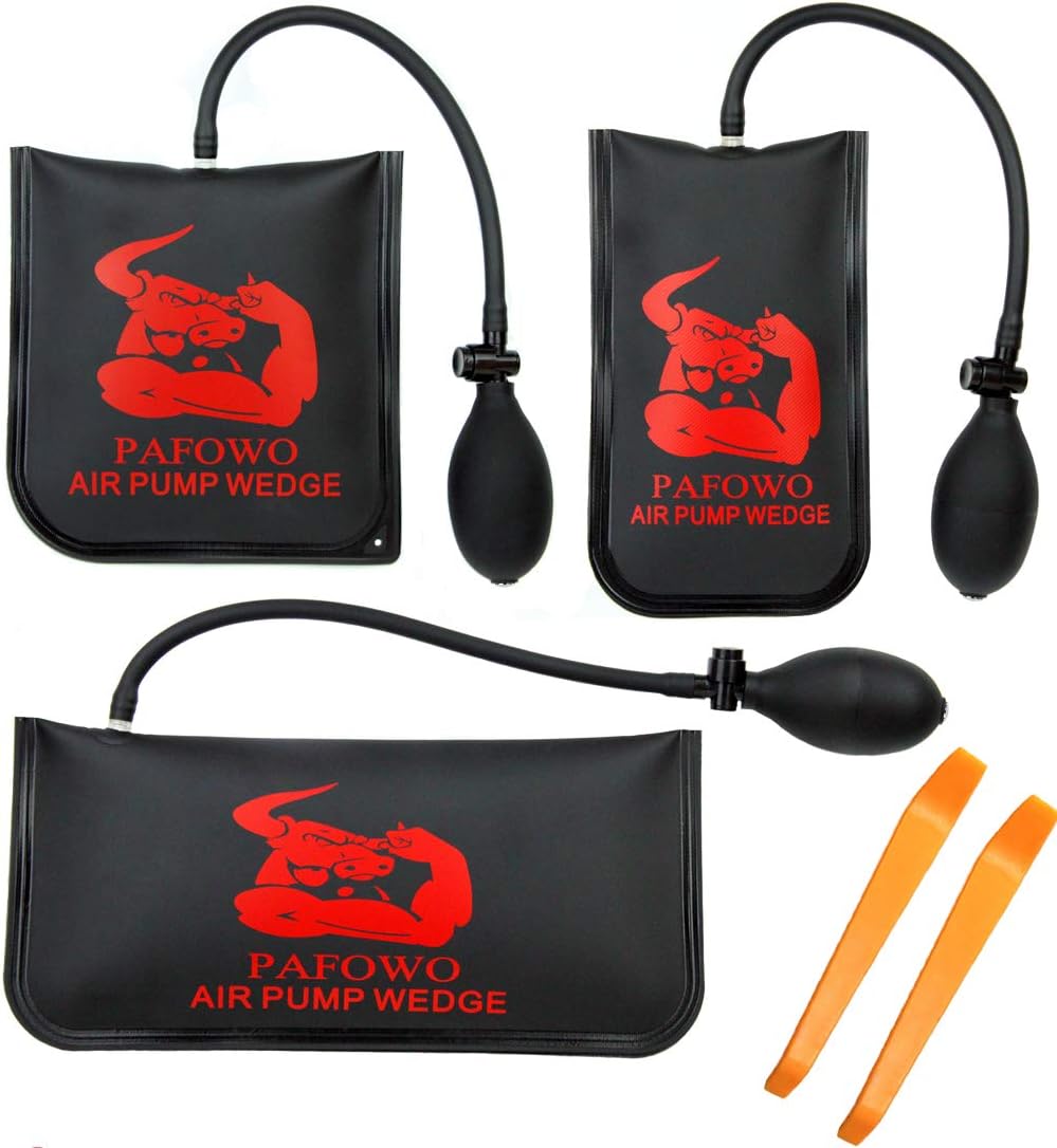 IMPROVED 3 Piece Commercial Grade Air Wedge Bag Pump Professional Leveling Kit & Alignment Tool Inflatable Shim Bag. 3 Sizes(Small. Medium. Large) for a Variety of Jobs. 300 LB Rating