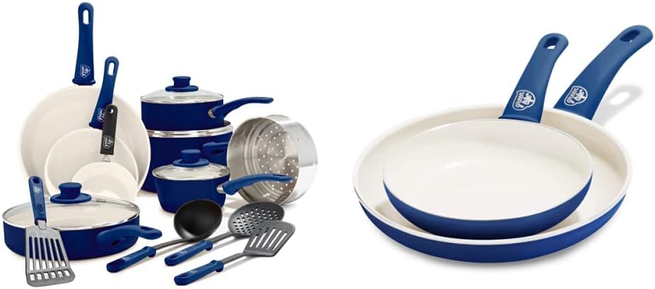 GreenLife Soft Grip Healthy Ceramic Nonstick. 16 Piece Cookware Pots and Pans Set. Blue & Soft Grip Healthy Ceramic Nonstick. 7 and 10 Frying Pan Skillet Set. PFAS-Free. Dishwasher Safe. Blue