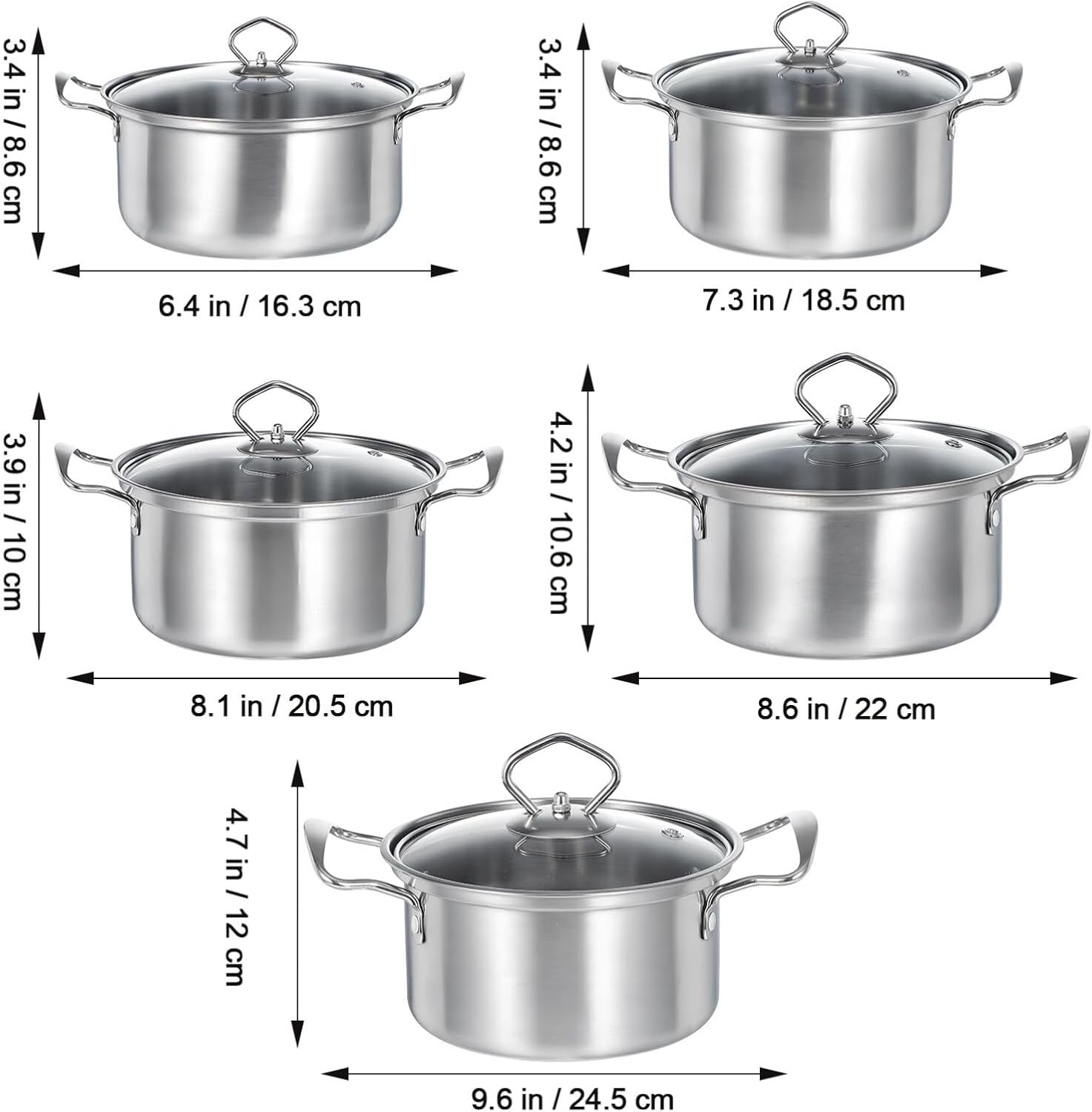 Kichvoe 5 Sets Stainless Steel Stock Pots Set with Glass Lids - Induction Cookware for Kitchen Use - Double Handle Soup Pots