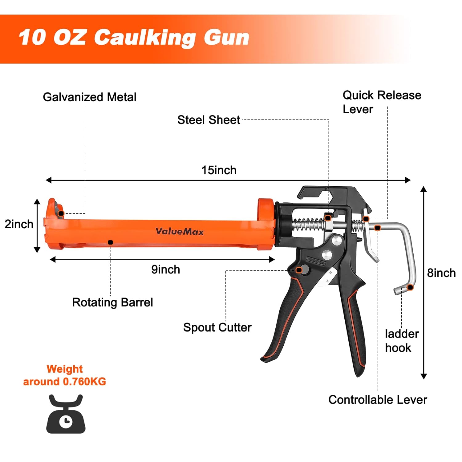 ValueMax Caulk Gun. 9 Inch Silicone Sealant Caulking Gun for Caulking/Filling/Sealing. Trigger Comfort Grip and Iron Smooth Rod. Ideal for Tiles. Window Joints. 8:1 Thrust Ratio