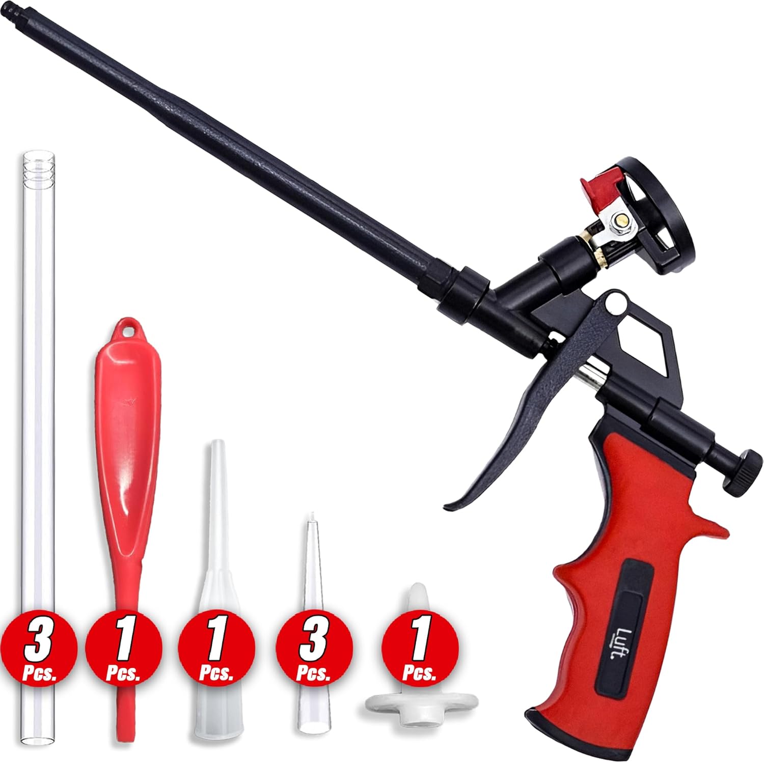 Luft Professional Expanding Foam Spray Gun (1 Insulation Gun + 9 Extenders) PU Insulating Applicator Heavy Duty Metal Body Dispensing Foam Gun Suitable for Caulking. Filling. Sealing