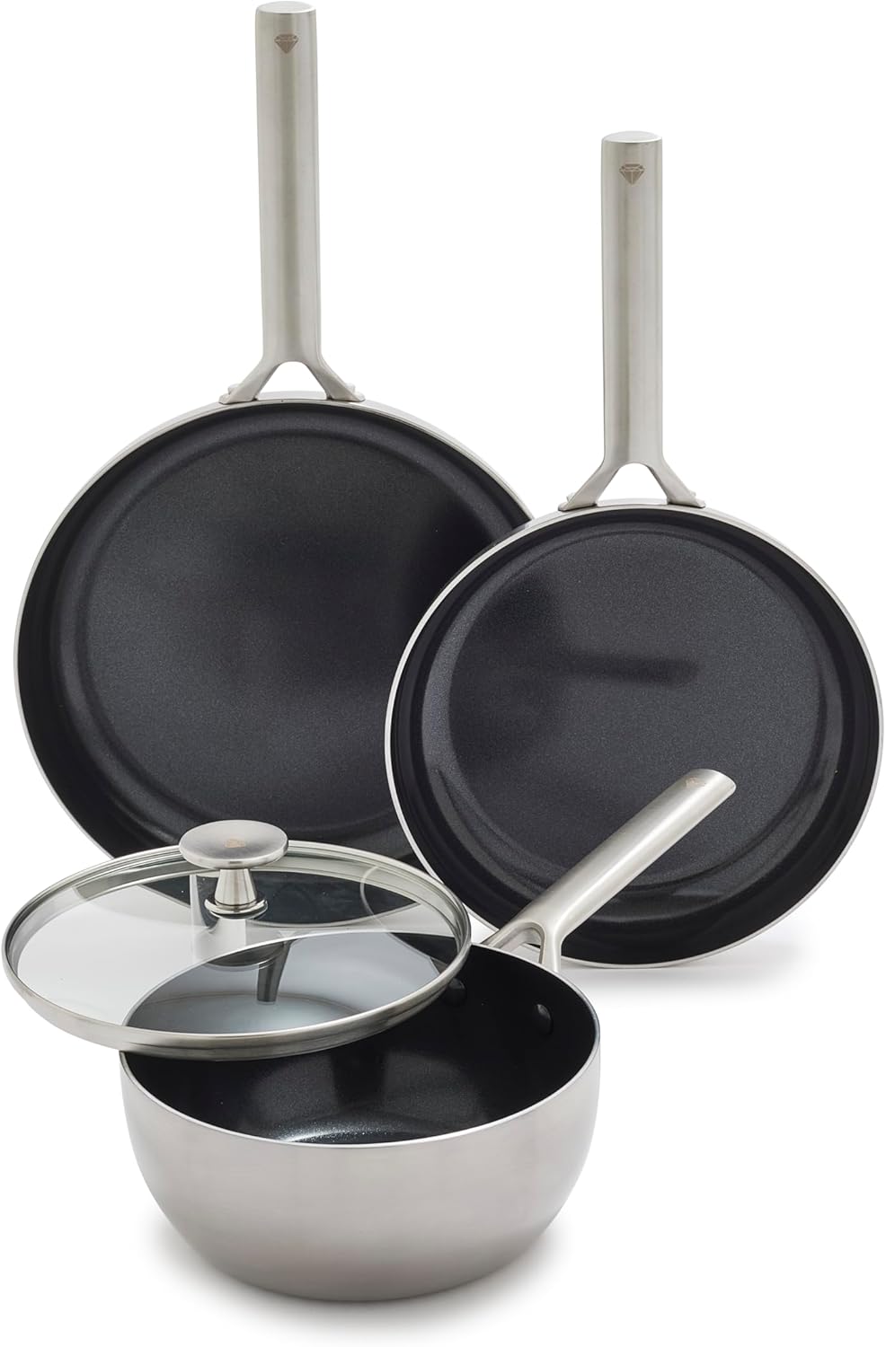 Blue Diamond 9.5 and 11 Frying Pans. 1.6QT Saucepan with Lid. Tri-Ply Stainless Steel Ceramic Nonstick Cookware Set. PFAS & PFOA-Free. Induction Compatible. Dishwasher & Oven Safe. Silver