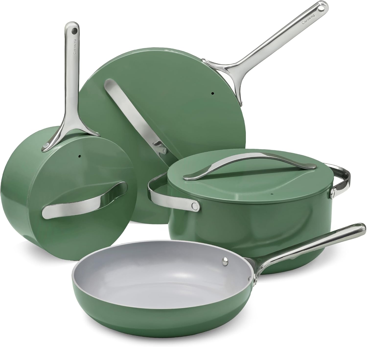 Caraway Nonstick Ceramic Cookware Set (12 Piece) Pots. Pans. Lids and Kitchen Storage - Non Toxic - Oven Safe & Compatible with All Stovetops - Sage