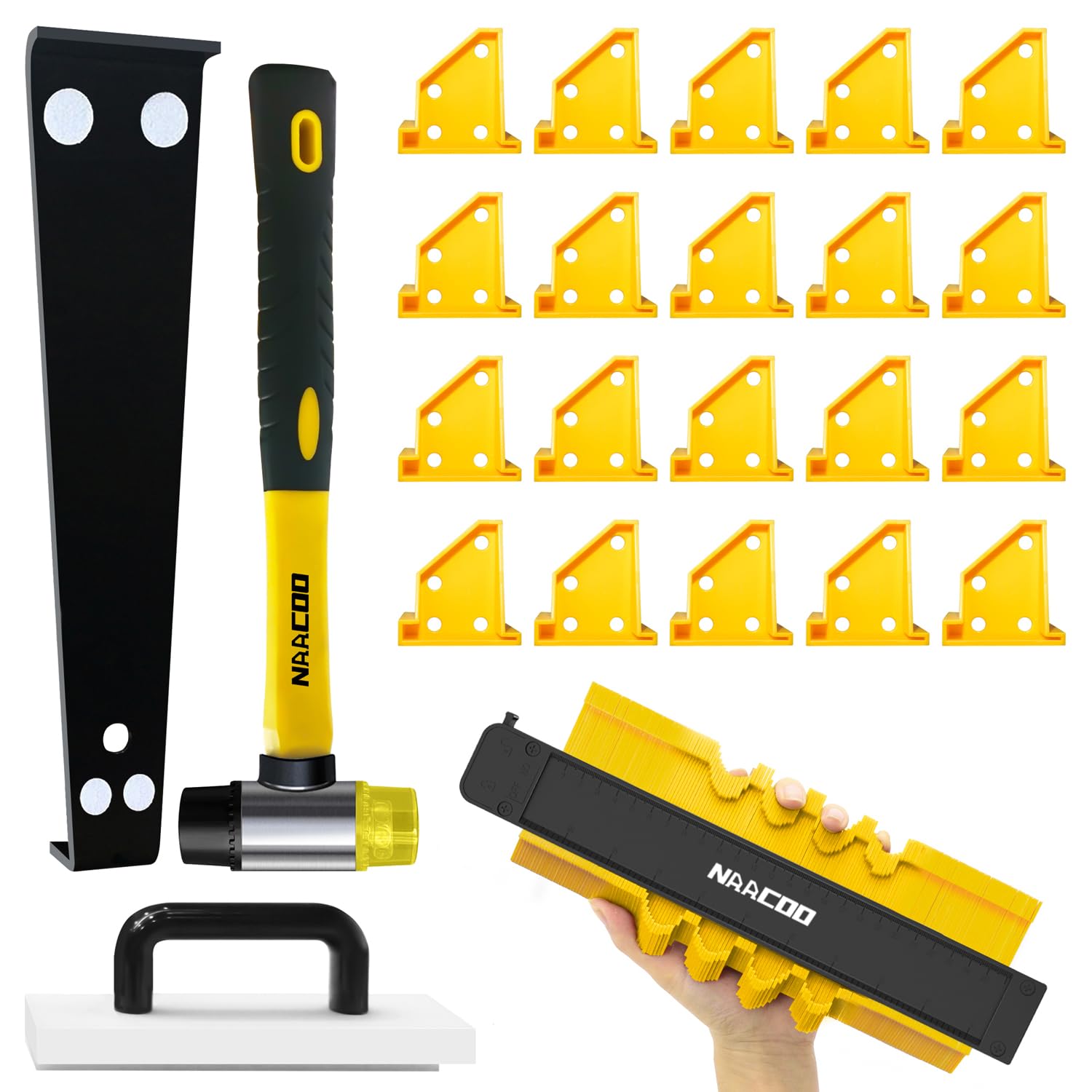 Laminate Flooring Tools. NAACOO LVP Installation Kit. Professional Vinyl Flooring Tools - Tapping Block with Handle. 10 Contour Gauge. Pull Bar. 2 in 1 Spacers. Double-Faced Mallet.
