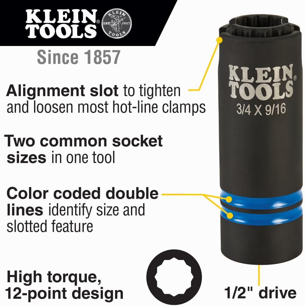 Klein Tools 66031 3-in-1 Slotted Impact Socket. 12-Point Deep Sockets. Coaxial Spring Loaded. 3/4 and 9/16-Inch Hex Sizes. 1/2-Inch Drive