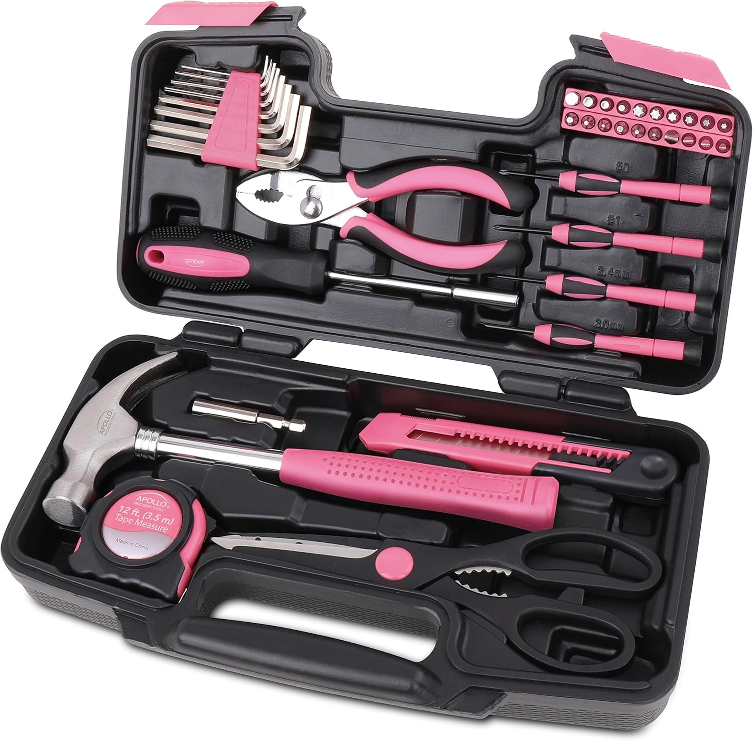 Apollo Tools Original 39 Piece General Household Tool Set in Toolbox Storage Case with Essential Hand Tools for Everyday Home Repairs. DIY and Crafts - Pink Ribbon - Pink - DT9706P