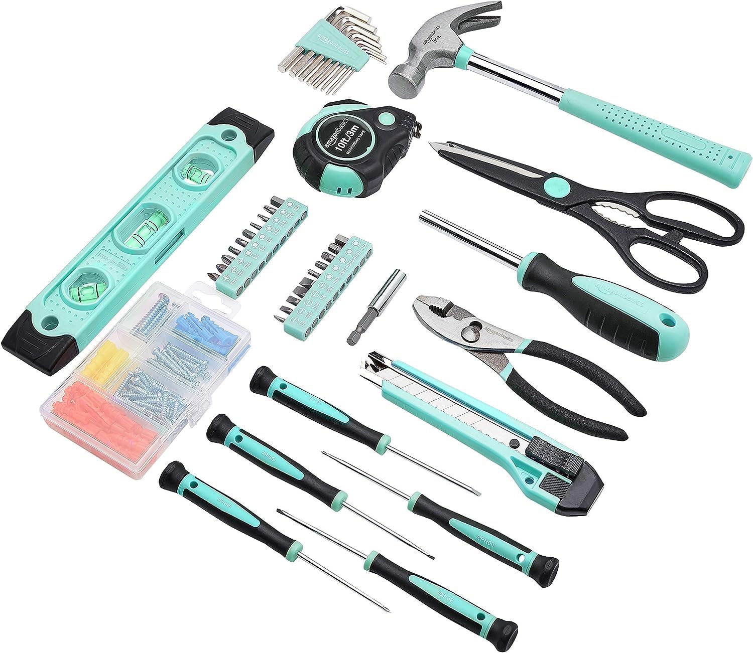 Amazon Basics Household Tool Kit With Storage Case. 142 Piece. Turquoise. 13.39 x 9.25 x 2.95 inch