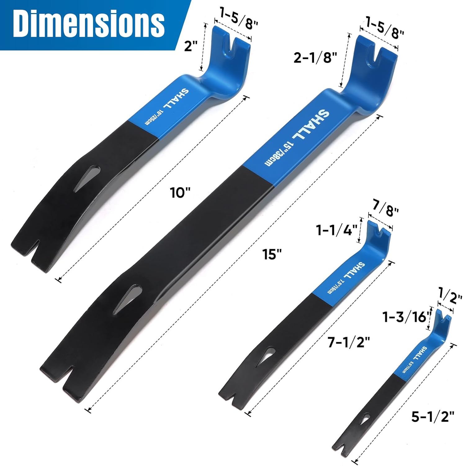 SHALL 4-Piece Flat Pry Bar Set -15 10 7.5 5.5- Heavy Duty & Mini Nail Puller Crowbar. Utility Claw Bar. Wonder Bar. High-Carbon Steel Flat Bar Tool for Home Remolding & Woodworking