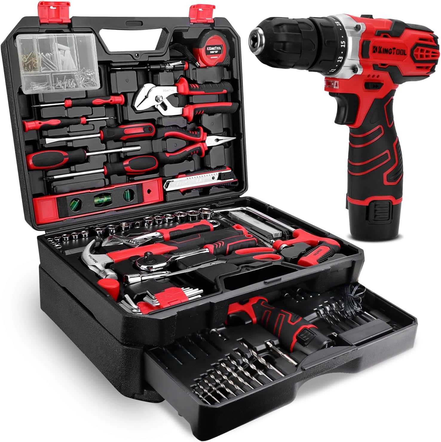 KingTool 276-Piece Tool Set Kit - Tool kit with 12V Cordless Power Drill Driver Toolbox Storage Case with Drawer. Drill Set Perfect for Homeowner. Diyer. Handyman