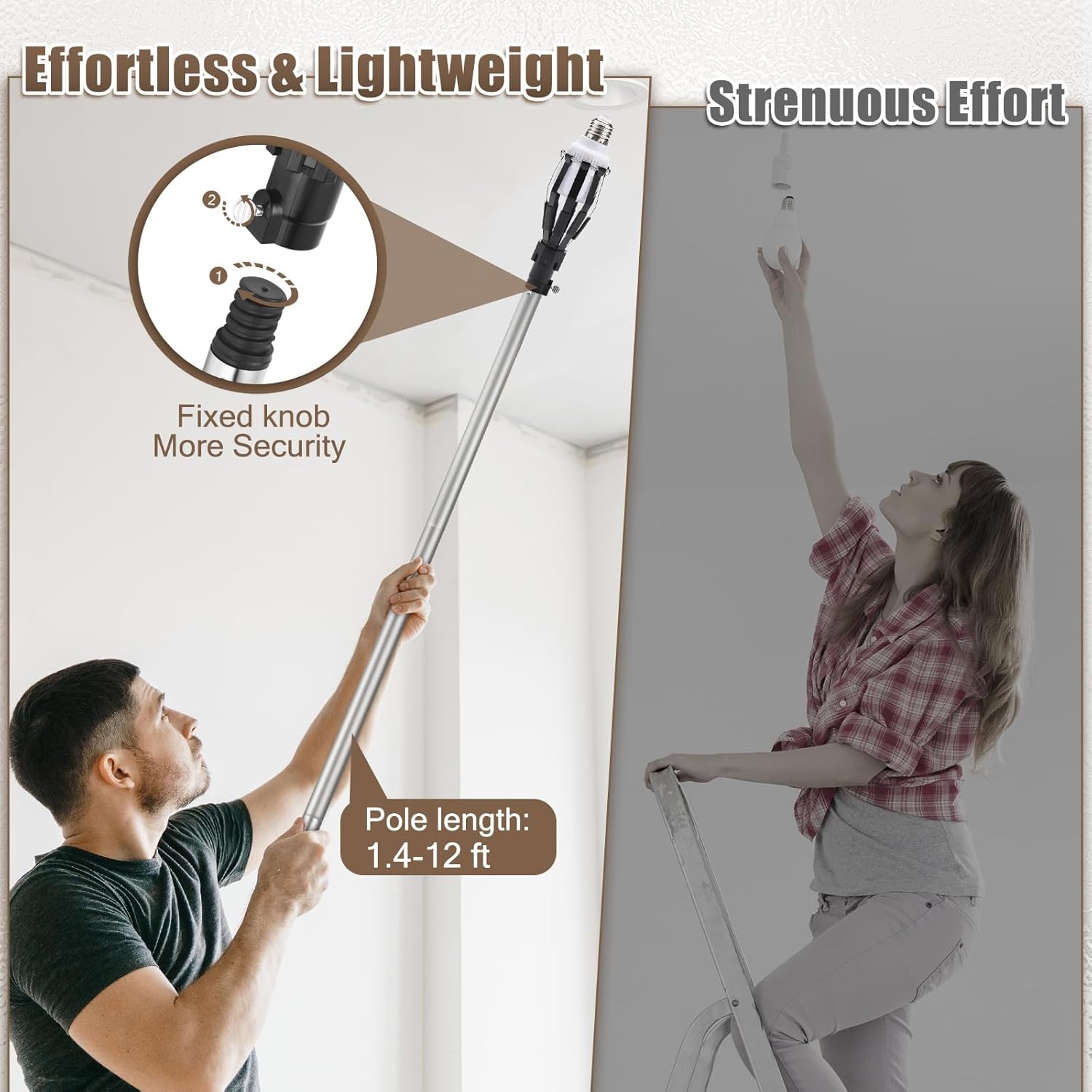 12FT Light Bulb Changer for High Ceilings. Light Bulb Changer with Baskets and Suction Cup. High Reach Light Bulb Changer with Pole