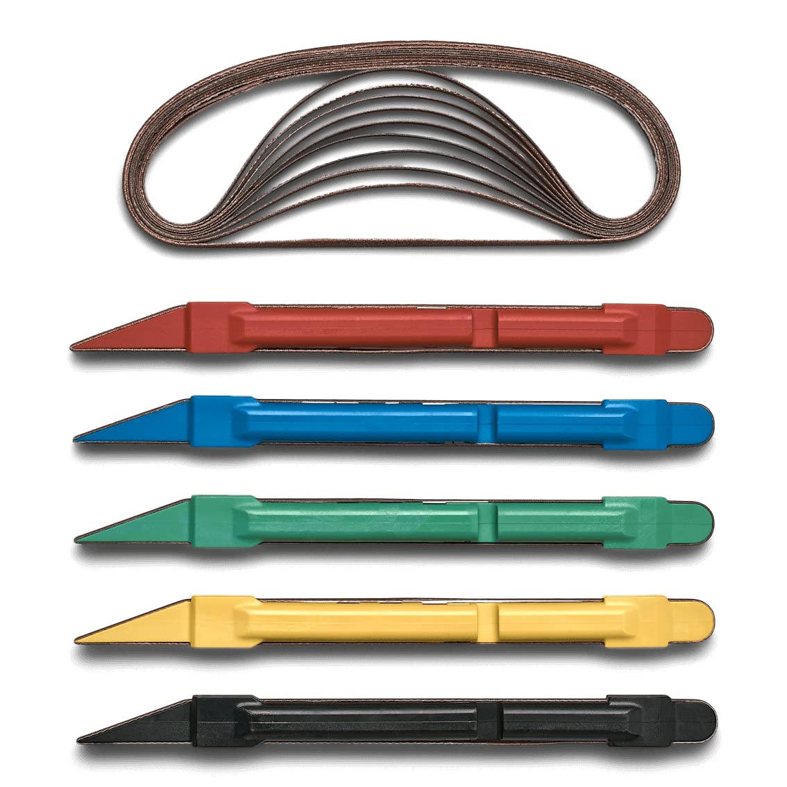 5 Piece Sanding Detailer Set with 2 Extra Replacement Belts Per Stick. 5 Grits 120. 240. 320. 400 & 600 Grit Made in The USA for Sanding Wood. Metal & Plastics. Long Life Sanding Belts