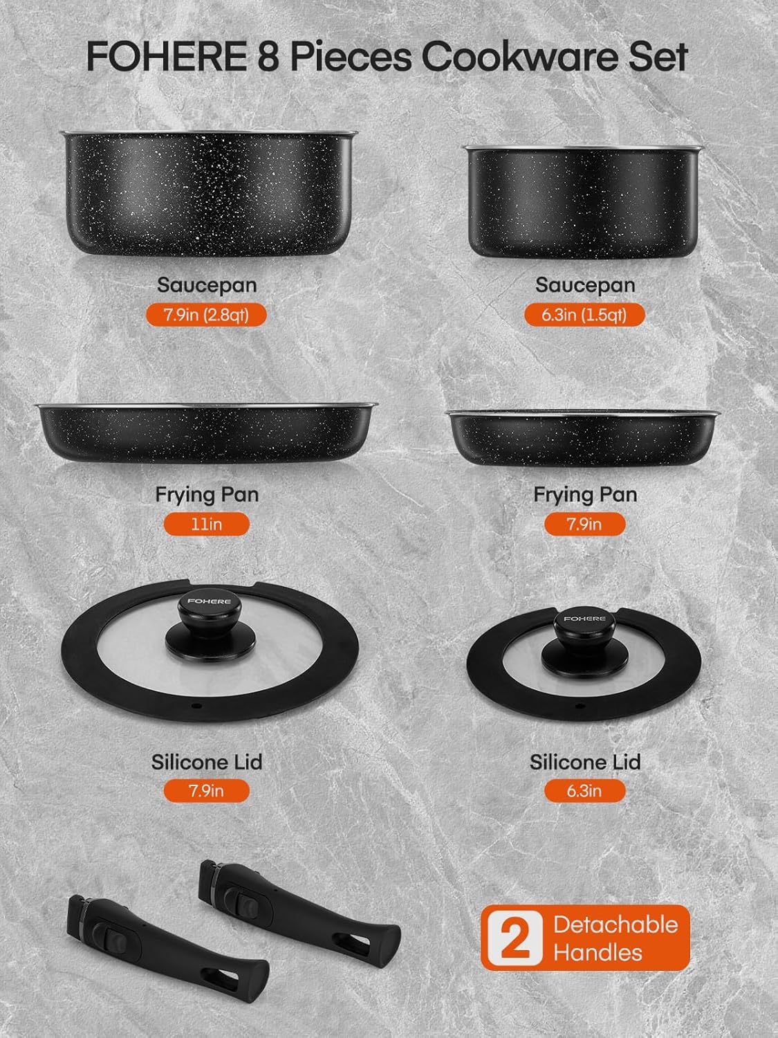 FOHERE 8pcs Pots and Pans Set with 2 Detachable Handles. Aluminum Nonstick Cookware Set. Induction Pan Set. RV Cookware Set. Oven Safe. Stackable