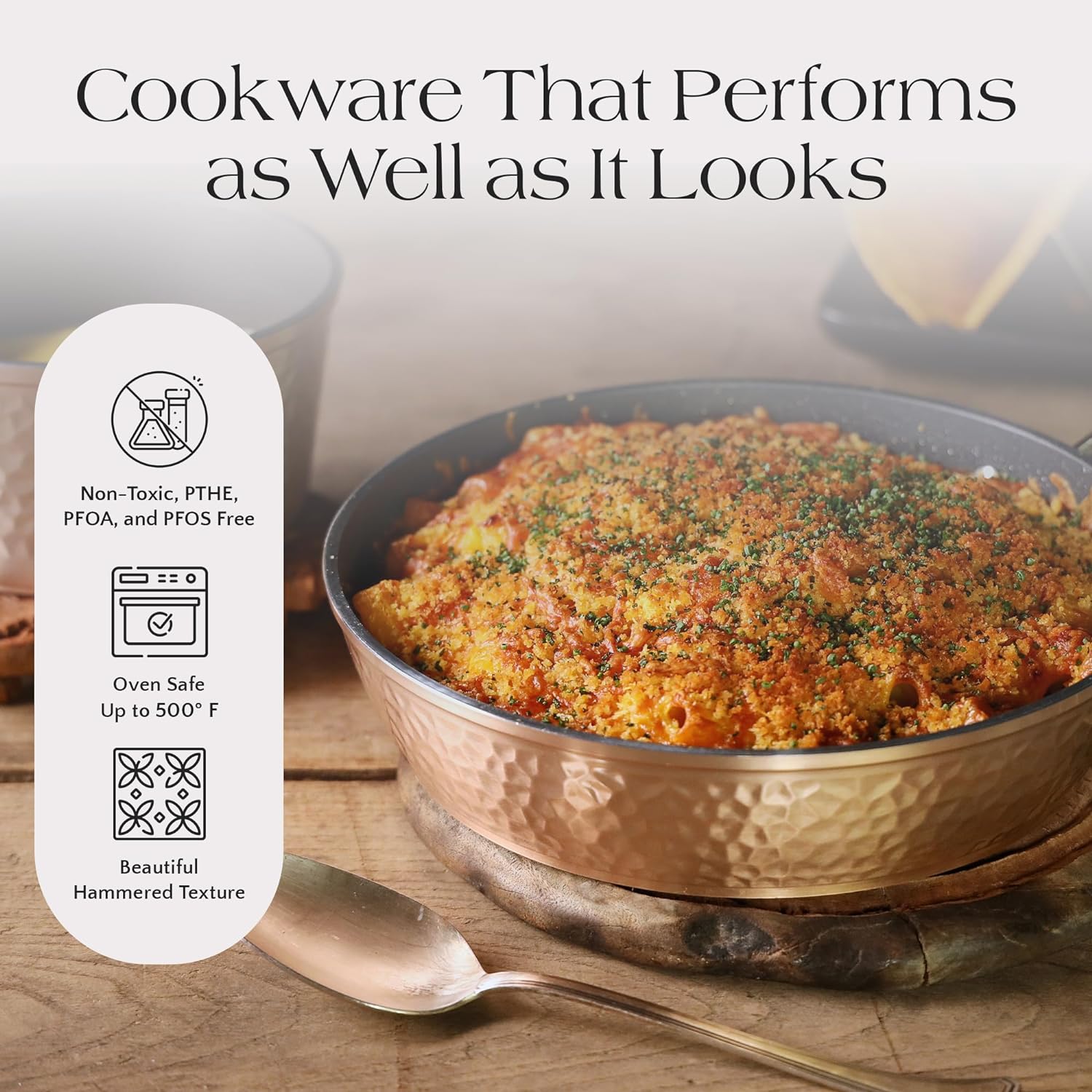 Luxurious Non-Stick Ceramic 3 Piece Rose Gold Cookware Set with Lids. Lightweight. Scratch-Resistant. Dishwasher Safe. Oven Safe up to 500°F. Suitable for All Stove Types