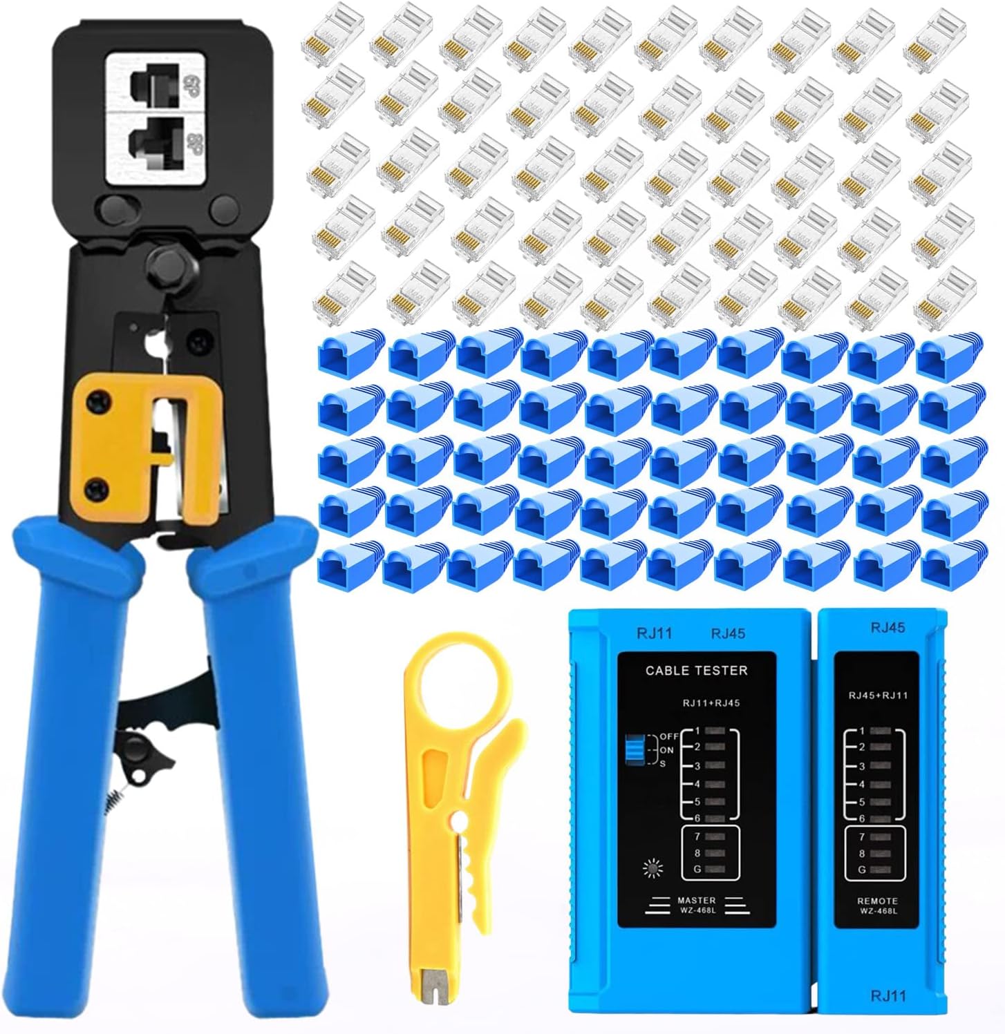 rj45 Crimping Tool for Cat6 Cat5e Cat5. Sturdy Crimper for rj45 rj12/11 Pass-Through Connectors with 50pcs rj45 Cat5e Pass-Through Connectors. 50pcs Covers. Wire Stripper; Network Cable Tester